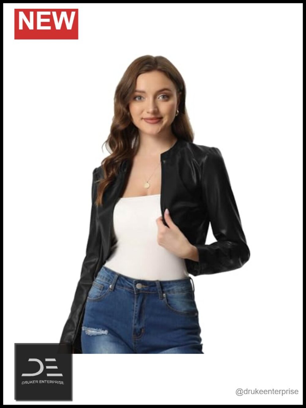 Faux Leather Open Front Long Sleeve Cropped Jacket